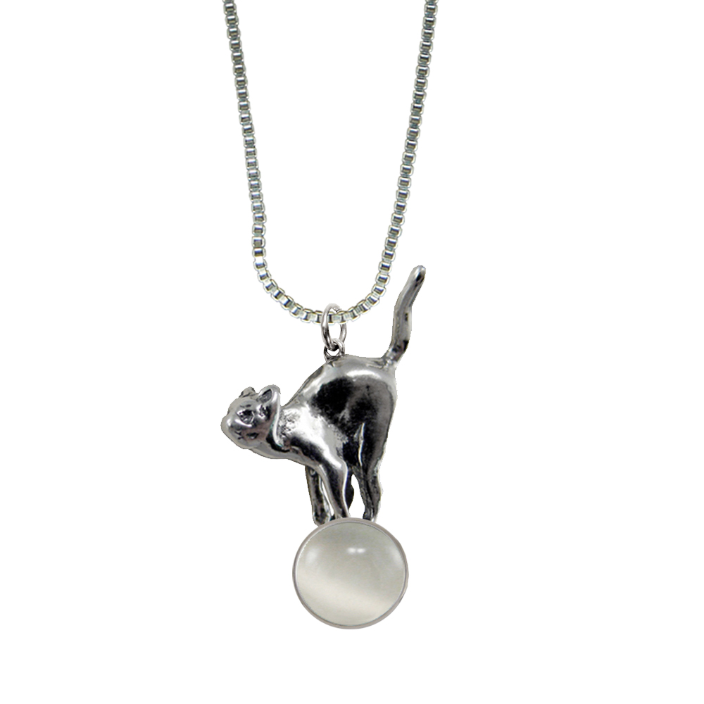 Sterling Silver Playful Kitty Cat About To Jump Pendant With White Moonstone
